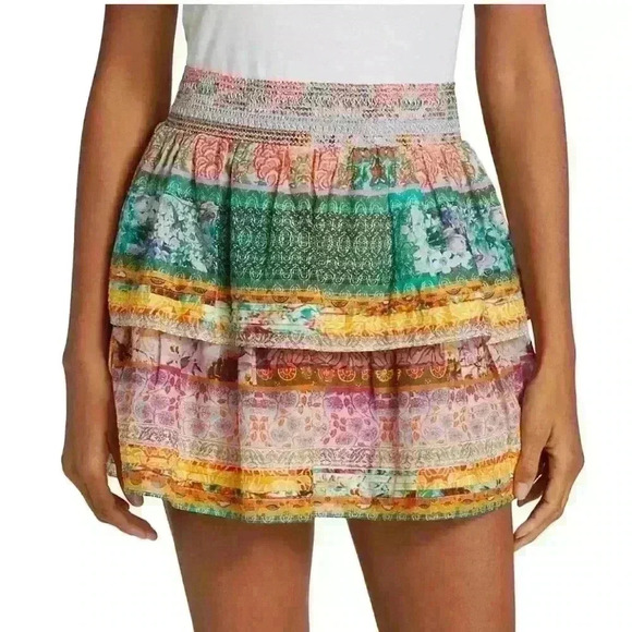 Alice + Olivia NWT Jojo Smocked Ruffled Mini Skirt Floral Multicolor Size 2 - Picture 2 of 6
